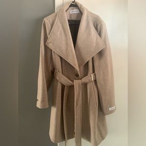 Calvin Klein Herringbone Wool Envelope Collar Belted Wrap Coat - Beige - 2XL